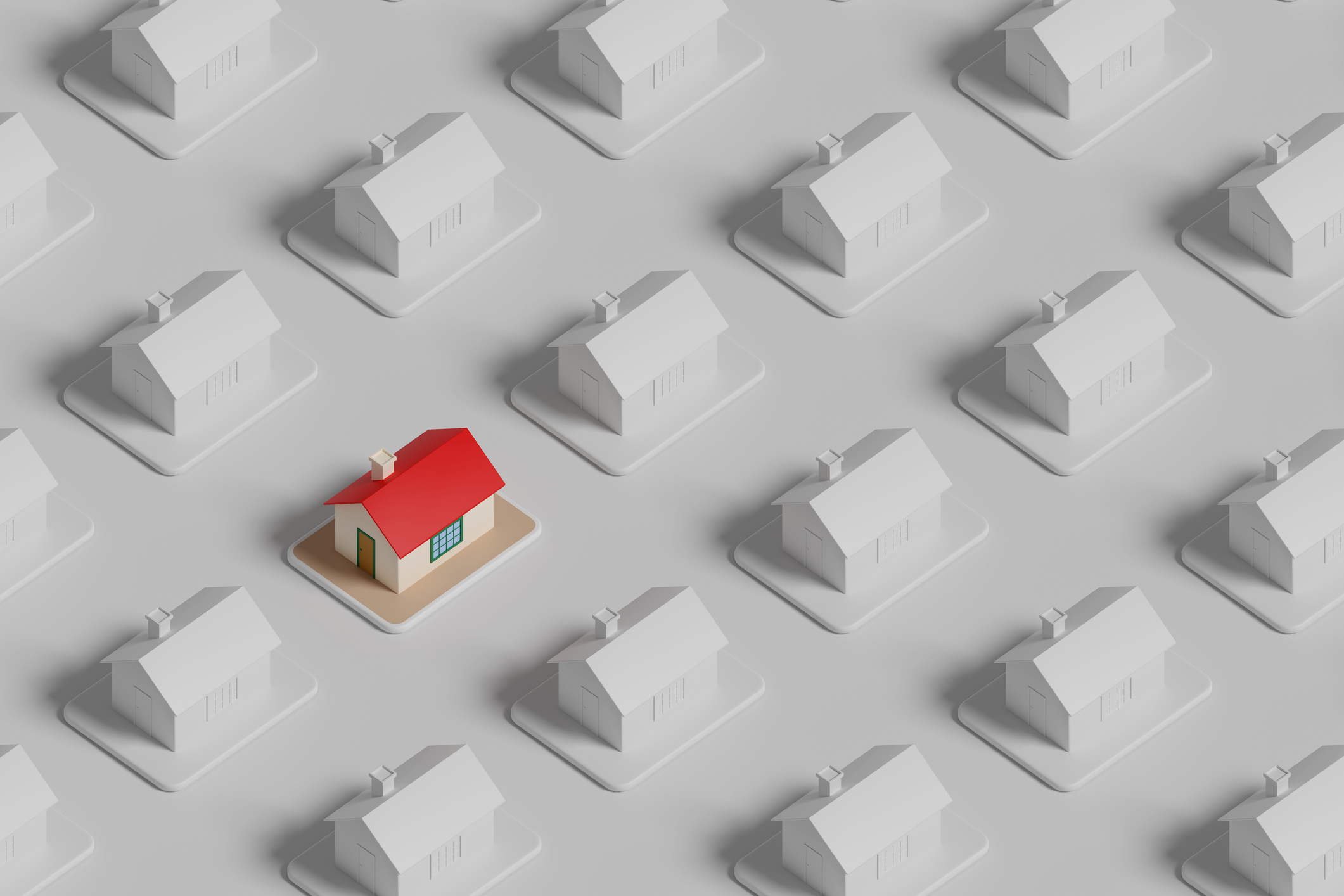Isometric view of a colored house among many other white houses. Real estate concept. 3d illustration.
