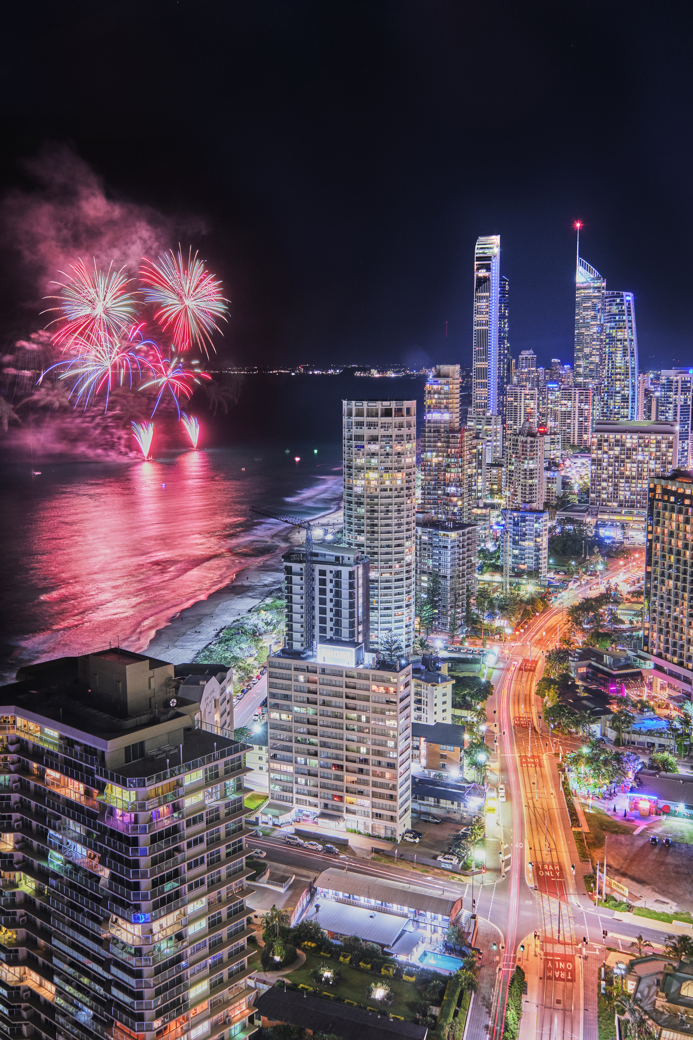 City view of Surfers Paradise with big fireworks, Gold Coast Queensland Australia