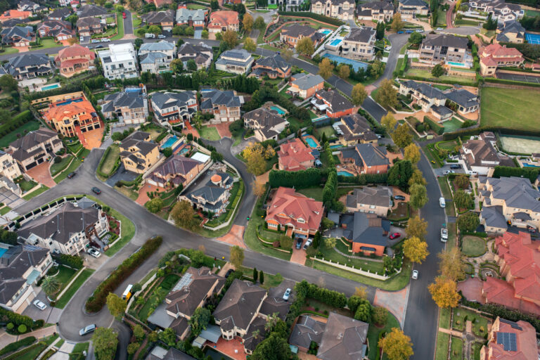 Aerial view of upmarket houses built around 1990-2000s, Sydney, Australia.